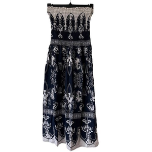 IMAGINATION Strapless Navy and White Paisley Boho Dress Made in‎ India Size M